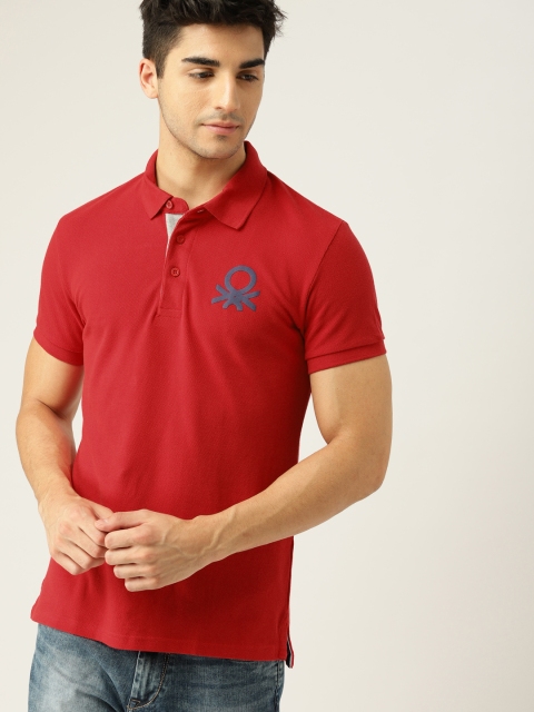 

United Colors of Benetton Men Red Solid Polo Collar Slim Fit T-shirt