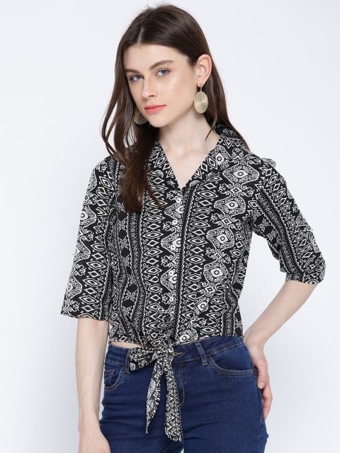 

Ayaany Women Black & Off-White Printed Shirt Style Top