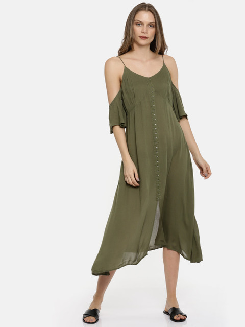 

Vero Moda Women Olive Green Solid Fit and Flare Dress