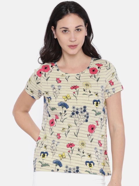 

Vero Moda Women Cream-Coloured Striped Round Neck T-shirt