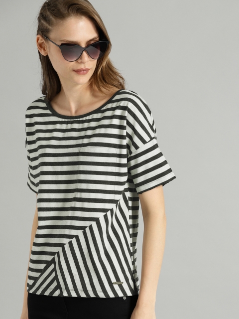 

Roadster Women Charcoal & Off-White Striped Round Neck T-shirt