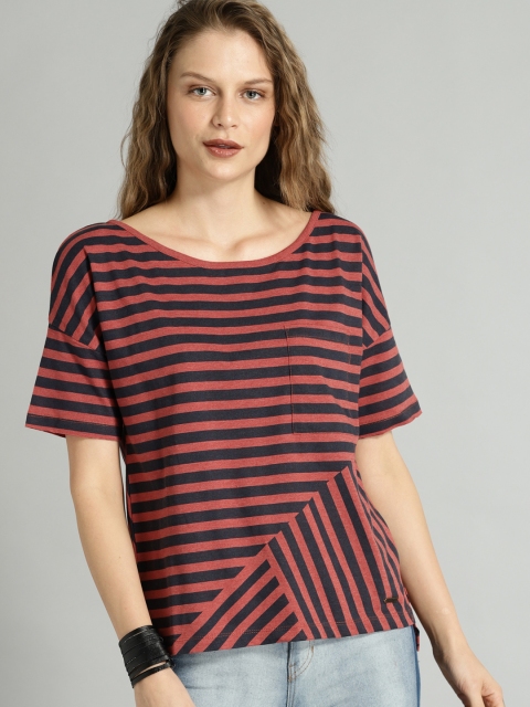 

Roadster Women Red Striped Round Neck T-shirt