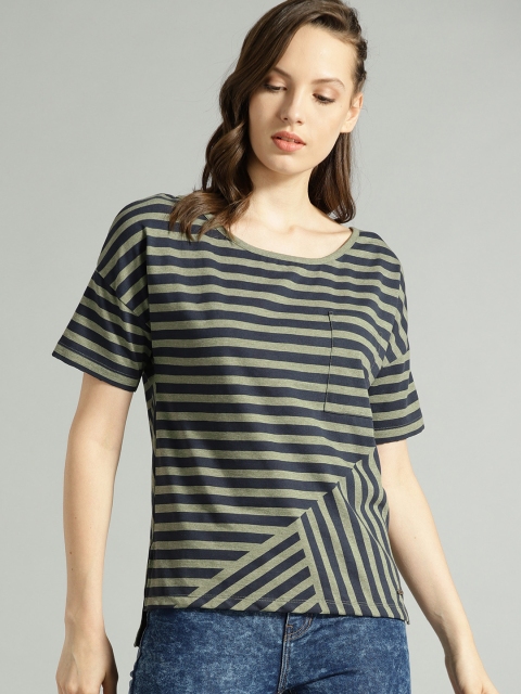 

Roadster Women Green & Navy Striped Round Neck T-shirt