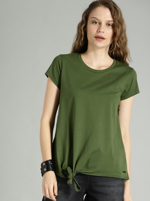 

Roadster Time Travlr Women Olive Green Solid Pure Cotton Top