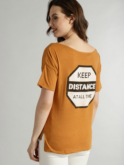 

Roadster Women Mustard Yellow Printed Back Round Neck T-shirt