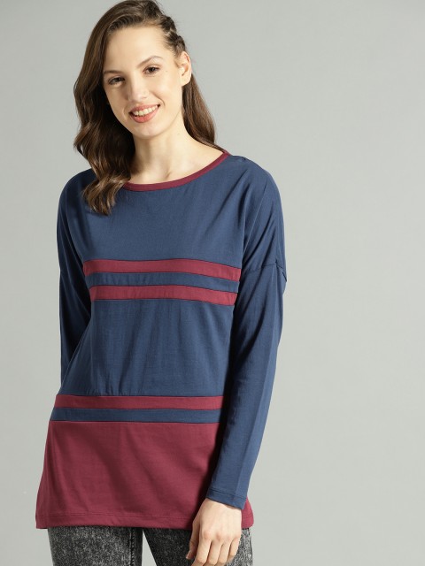 

Roadster Women Navy Blue & Burgundy Striped Round Neck T-shirt