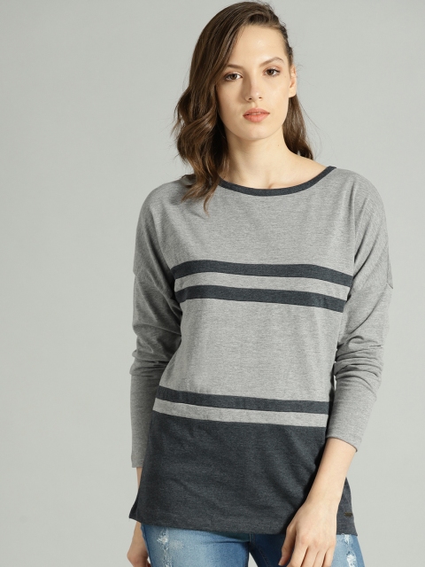 

Roadster Women Grey Melange Striped Round Neck T-shirt