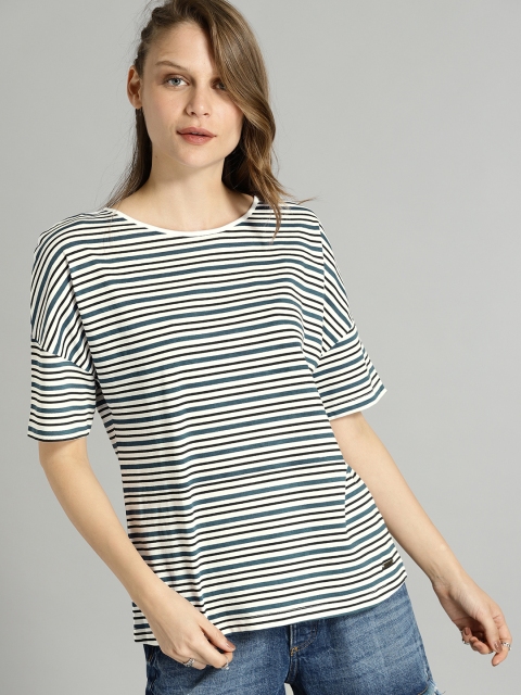 

Roadster Women White Striped Round Neck T-shirt