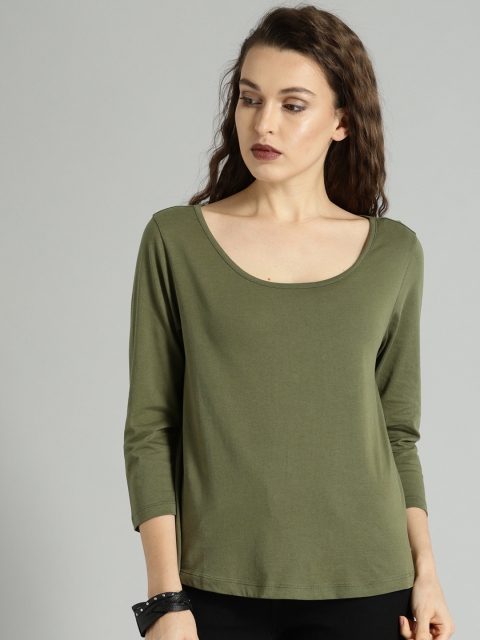 

Roadster Women Olive Green Solid Round Neck T-shirt