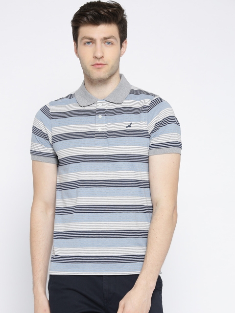 

American Crew Men Grey & Blue Striped Polo Collar T-shirt