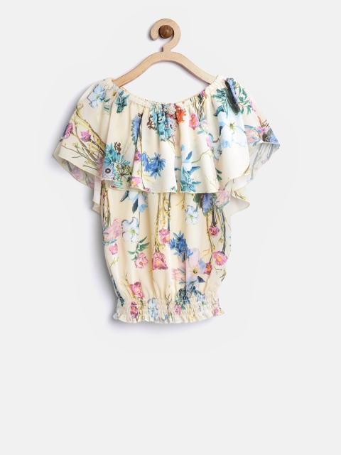 

Tiny Girl Cream-Coloured & Blue Floral Print Blouson Top