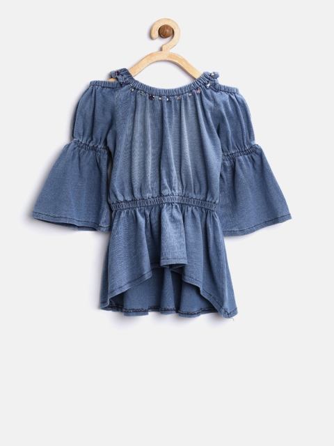 

Tiny Girl Blue Solid Cinched Waist Top with Gathers