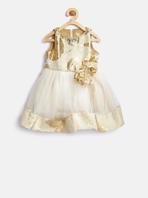 

Tiny Girl Cream-Coloured & Golden Self-Design Net Fit & Flare Dress