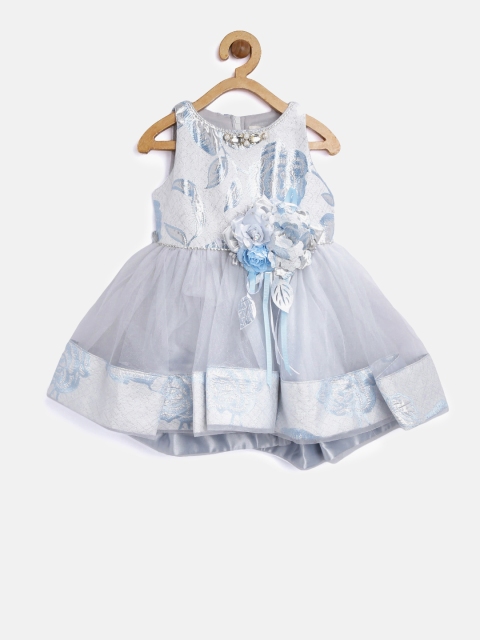 

Tiny Girl Grey & Blue Self-Design Net Fit & Flare Dress