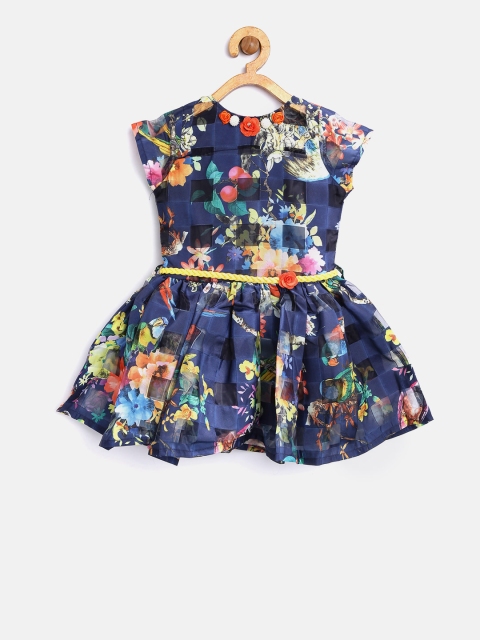 

Tiny Girl Navy Blue & Yellow Floral Print Fit & Flare Dress