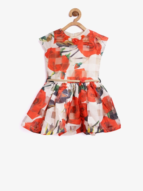 

Tiny Girl Beige & Coral Red Floral Print Fit & Flare Dress
