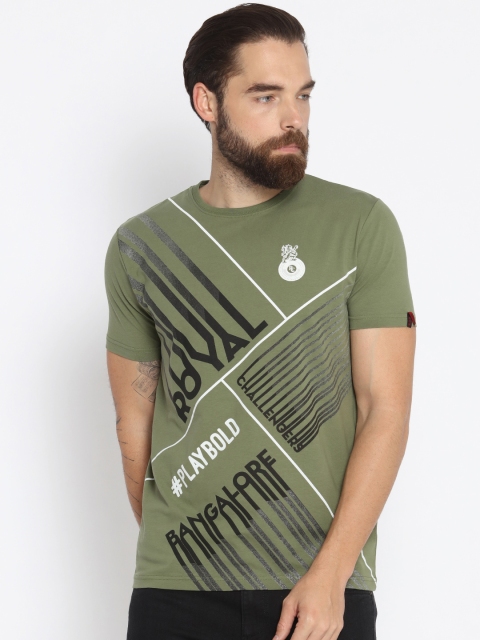 

Status Quo Men Olive Green Printed Round Neck Slim Fit T-shirt