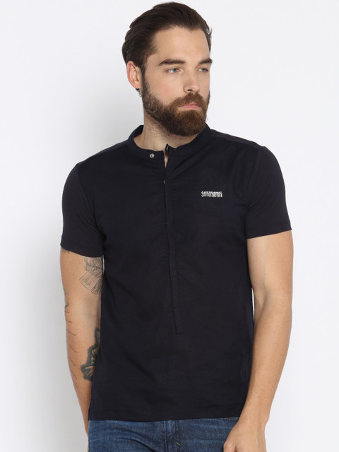 

Status Quo Men Navy Blue Solid Mandarin Collar T-shirt