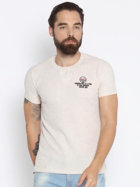

Status Quo Men Cream-Coloured Self Design Round Neck T-shirt