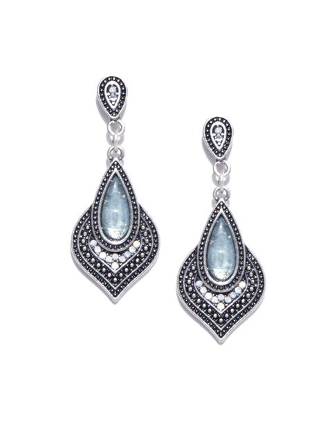 

Accessorize Oxidised Silver-Toned & Blue Stone-Studded Drop Earrings