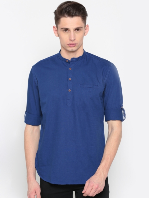 

British Club Men Blue Solid Straight Short Kurta