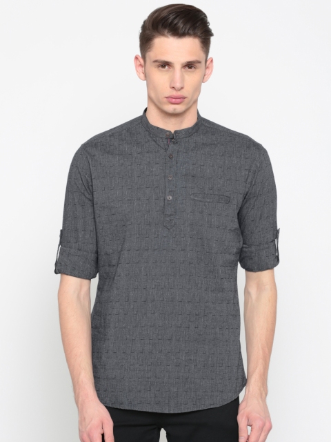 

British Club Men Charcoal Grey Woven Design Straight Kurta