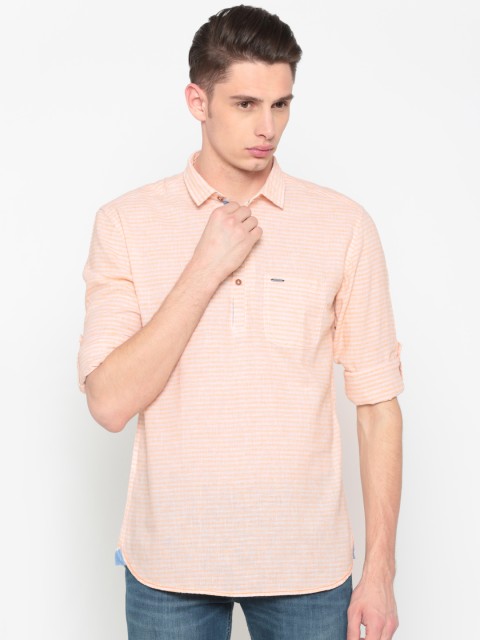 

British Club Men Orange & White Striped Straight Kurta