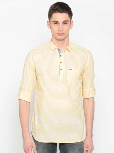 

British Club Men Yellow & White Striped Straight Kurta