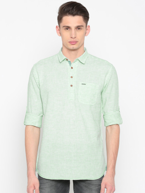 

British Club Men Green & White Striped Straight Kurta