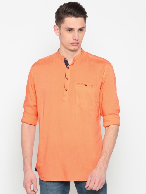 

British Club Men Orange Solid Straight Kurta
