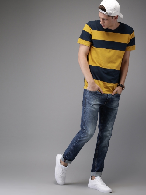 

Moda Rapido Men Mustard Yellow & Navy Striped Round Neck T-shirt