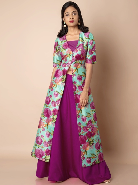 

INDYA Women Turquoise Blue & Pink Floral Printed A-Line Kurta