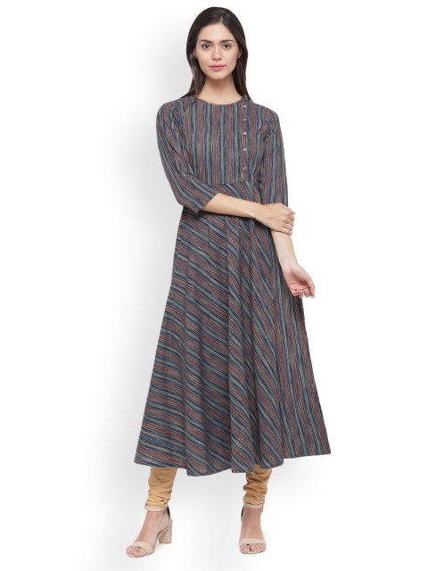 

Jompers Women Blue & Brown Striped A-Line Kurta