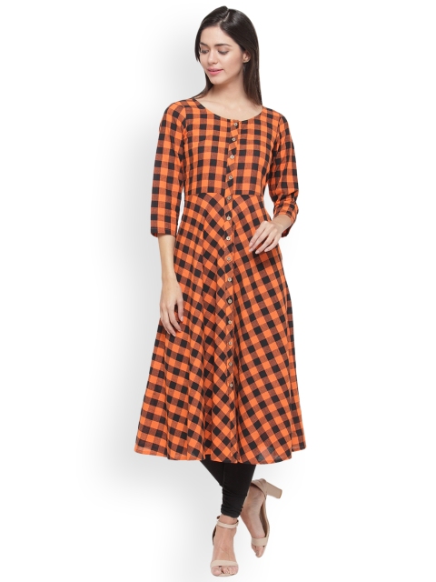 

Jompers Women Orange & Black Checked A-Line Kurta