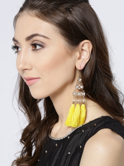 

Blueberry Yellow & Gold-Toned Tasselled Drop Earrings