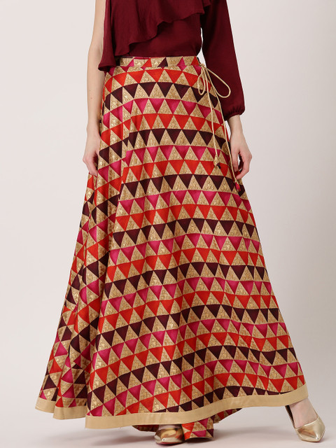 

Libas Beige & Red Geometric Print Flared Maxi Skirt