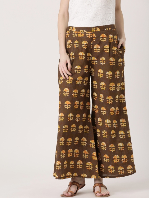 

Libas Women Brown & Mustard Yellow Printed Flared Palazzos
