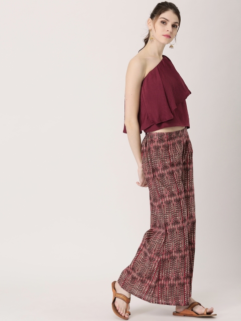 

Libas Women Maroon & Grey Printed Flared Palazzos