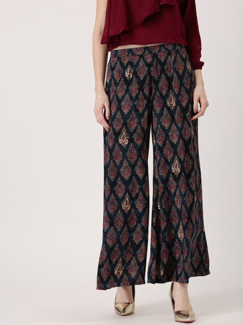 

Libas Women Navy & Maroon Printed Flared Palazzos, Navy blue
