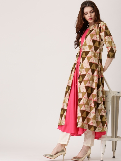 

Libas Women Coral Pink & Brown Solid Anarkali Kurta with Ethnic Jacket