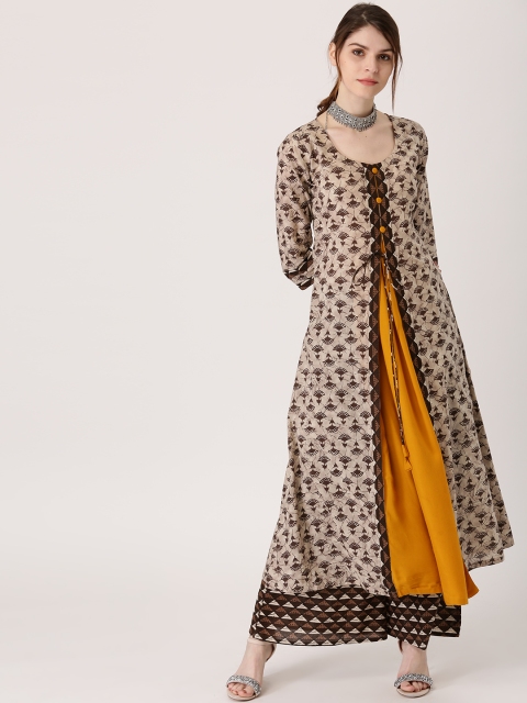 

Libas Women Beige & Mustard Yellow Printed Layered A-Line Kurta