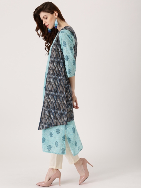 

Libas Women Blue Printed A-Line Kurta with Ethnic Jacket