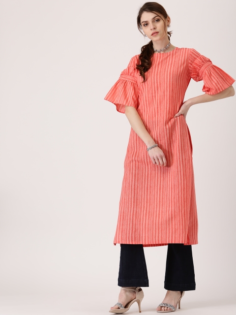 

Libas Women Coral Pink Striped A-Line Kurta