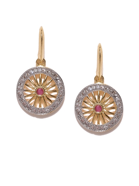 

Spargz Silver-Toned & Pink Gold-Plated Circular CZ Stone-Studded Drop Earrings