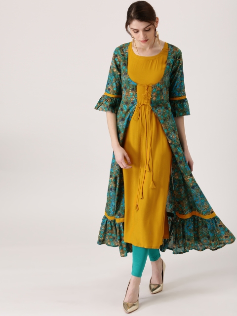

Libas Women Mustard Yellow Solid A-Line Kurta with Printed Longline Ethnic Jacket