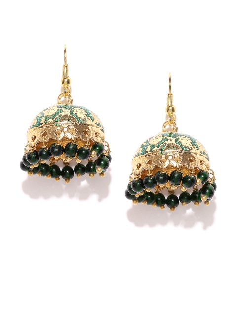 

Spargz Green Gold-Plated Beaded Textured Enamelled Jhumkas