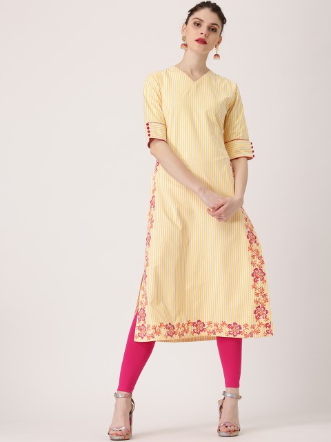 

Libas Women Yellow & White Striped Straight Kurta