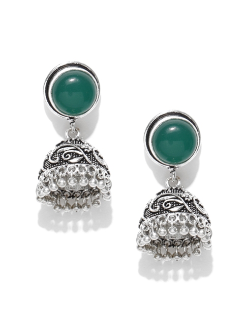 

Spargz Green Oxidised Silver-Plated Stone-Studded Dome Shaped Jhumkas