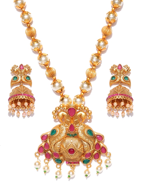

Spargz Gold-Plated Peacock-Shaped Beaded Textured Jewellery Set