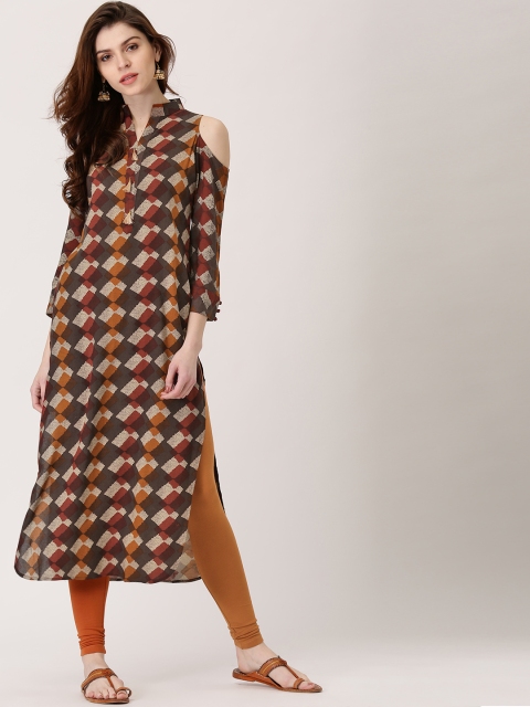

Libas Women Brown & Mustard Printed Cold-Shoulder Straight Kurta